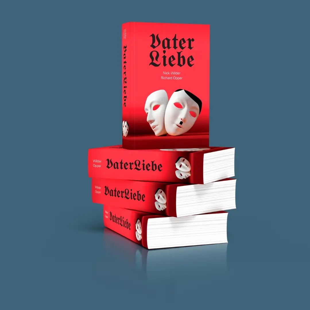 Buchcover mit dem Titel 'Vaterliebe' und zwei maskierten Gesichtern auf rotem Hintergrund.